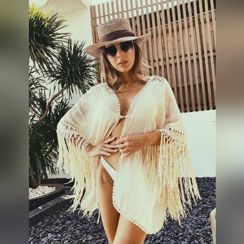 New Boho Chic Crochet Fringe Tassel Cover Up Kimono Cardigan Beige Tan - Picture 3 of 9